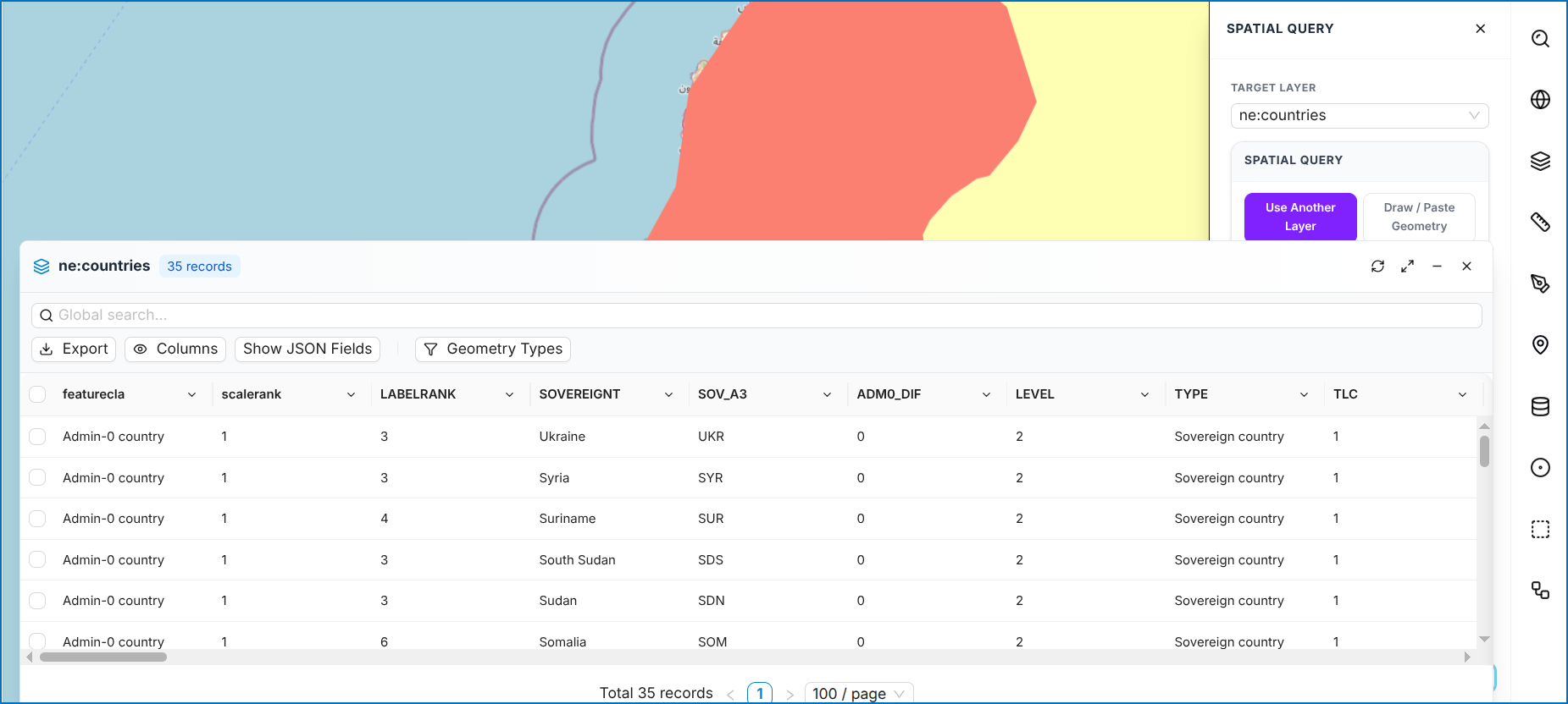 Spatial Query Results Table