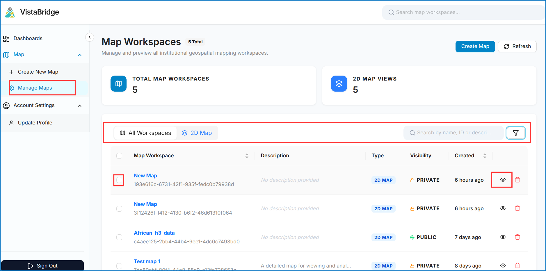 Manage Maps Workspace Overview