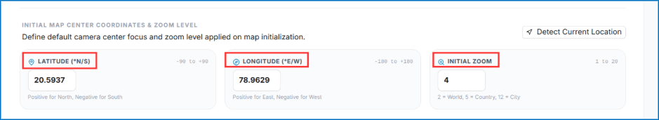 Initial Map Center Coordinates and Zoom Level