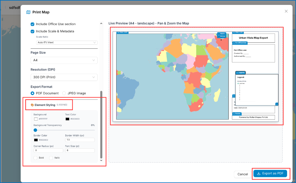 Print Map Element Styling and Live Preview